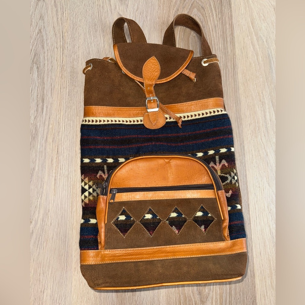Western Leather Brown & Blue Boho Aztec Drawstring Backpack